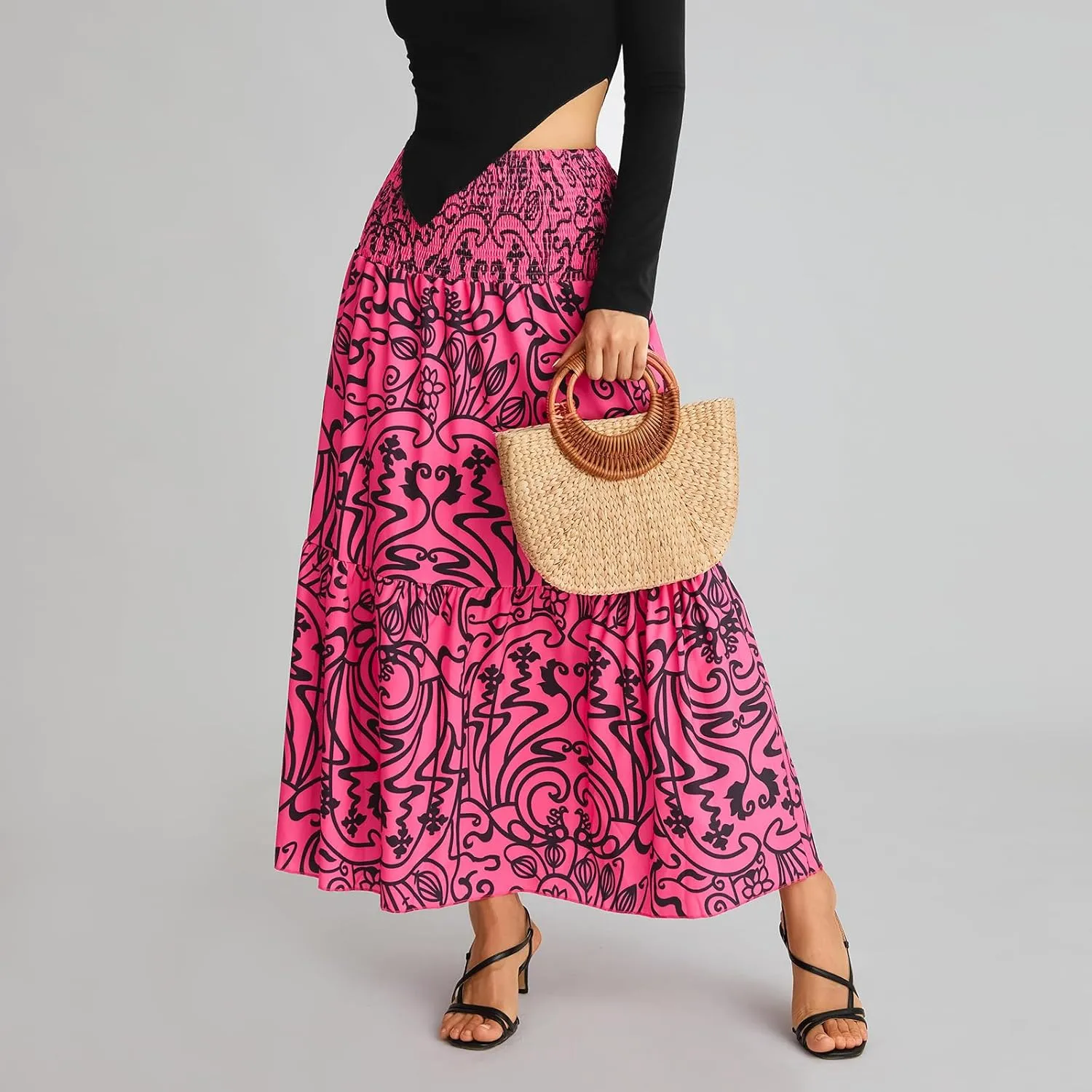 Women Y2K Bohemian Long Skirt Floral Elastic High Waist Pleated Flowy Maxi Skirt Summer Casual A Line Skirt
