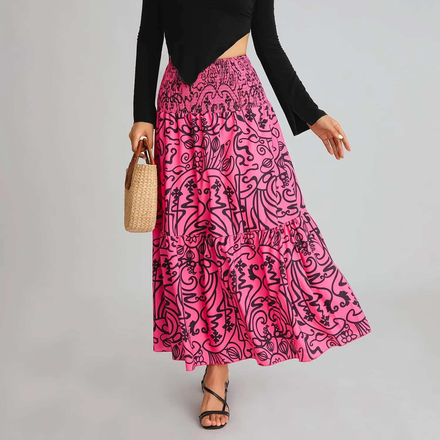 Women Y2K Bohemian Long Skirt Floral Elastic High Waist Pleated Flowy Maxi Skirt Summer Casual A Line Skirt