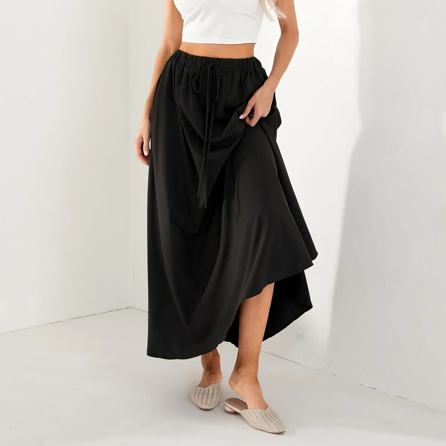 Women Y2K Bohemian Long Skirt Floral Elastic High Waist Pleated Flowy Maxi Skirt Summer Casual A Line Skirt