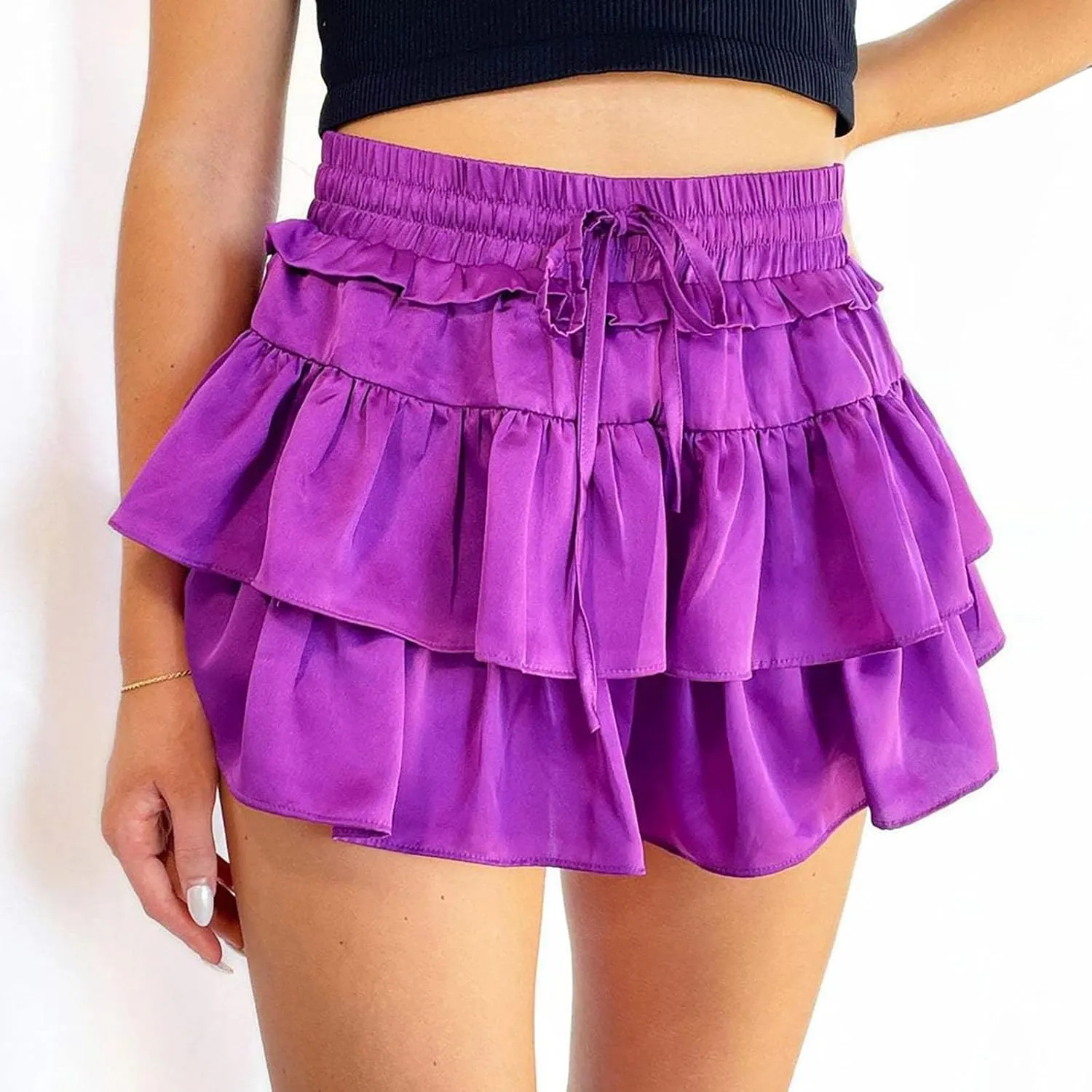 Women Y2K Mini Skirts Cute Ruffled Hem Fairy Layered Short Skirts High Waist Flowy Tiered Short Pleated Micro Shorts