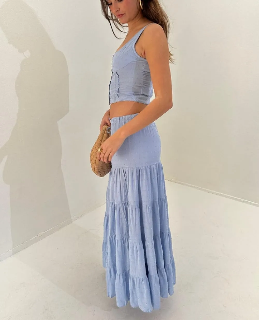 Women Y2K Ruffle 2 Piece Skirt Set Spaghetti Strap Ruched Cami Top Tiered Flowy Long Skirt Boho Beach Outfits