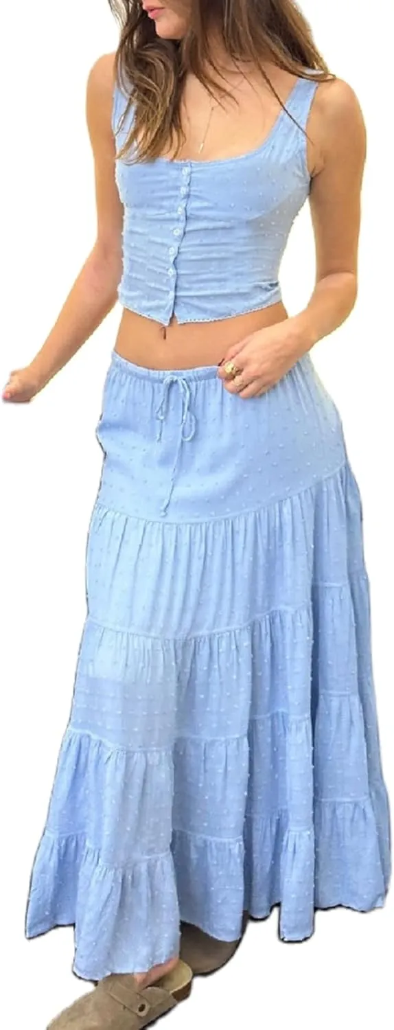 Women Y2K Ruffle 2 Piece Skirt Set Spaghetti Strap Ruched Cami Top Tiered Flowy Long Skirt Boho Beach Outfits