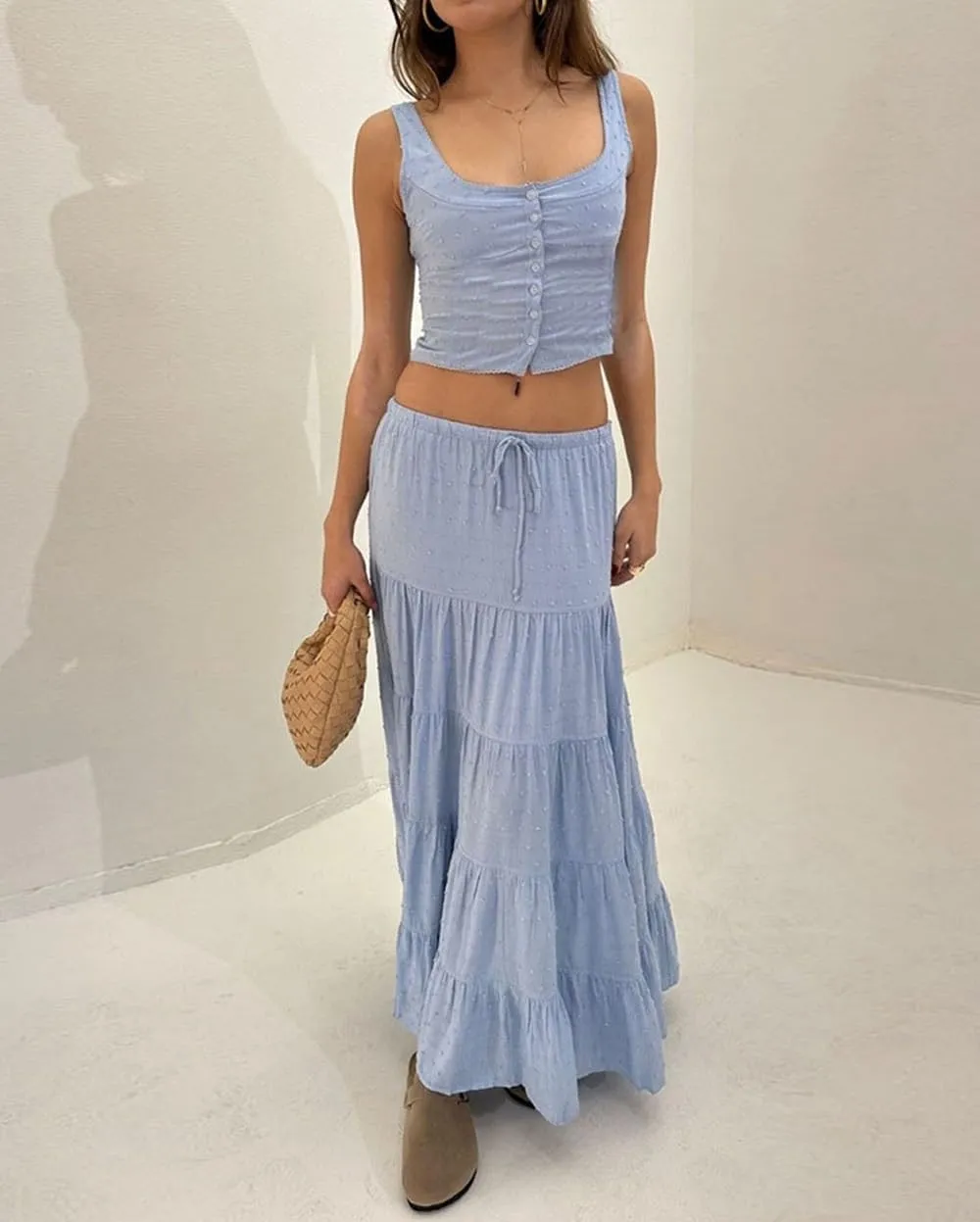 Women Y2K Ruffle 2 Piece Skirt Set Spaghetti Strap Ruched Cami Top Tiered Flowy Long Skirt Boho Beach Outfits