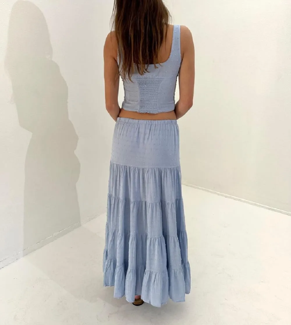 Women Y2K Ruffle 2 Piece Skirt Set Spaghetti Strap Ruched Cami Top Tiered Flowy Long Skirt Boho Beach Outfits