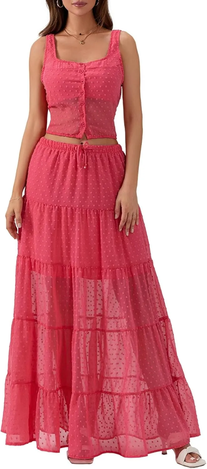 Women Y2K Ruffle 2 Piece Skirt Set Spaghetti Strap Ruched Cami Top Tiered Flowy Long Skirt Boho Beach Outfits
