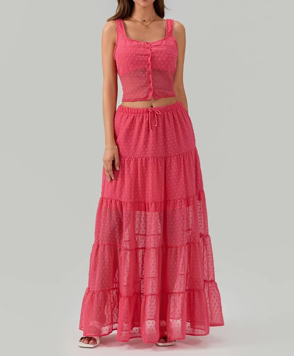 Women Y2K Ruffle 2 Piece Skirt Set Spaghetti Strap Ruched Cami Top Tiered Flowy Long Skirt Boho Beach Outfits