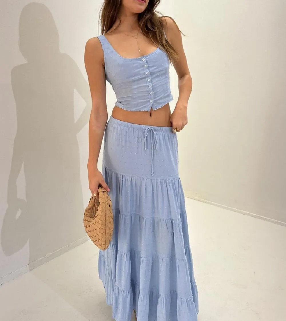 Women Y2K Ruffle 2 Piece Skirt Set Spaghetti Strap Ruched Cami Top Tiered Flowy Long Skirt Boho Beach Outfits