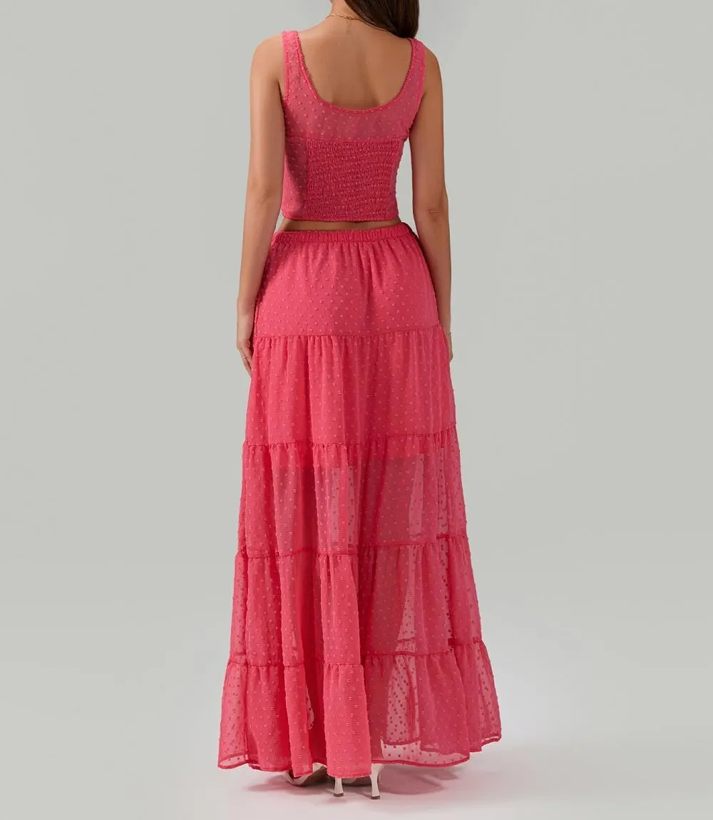 Women Y2K Ruffle 2 Piece Skirt Set Spaghetti Strap Ruched Cami Top Tiered Flowy Long Skirt Boho Beach Outfits