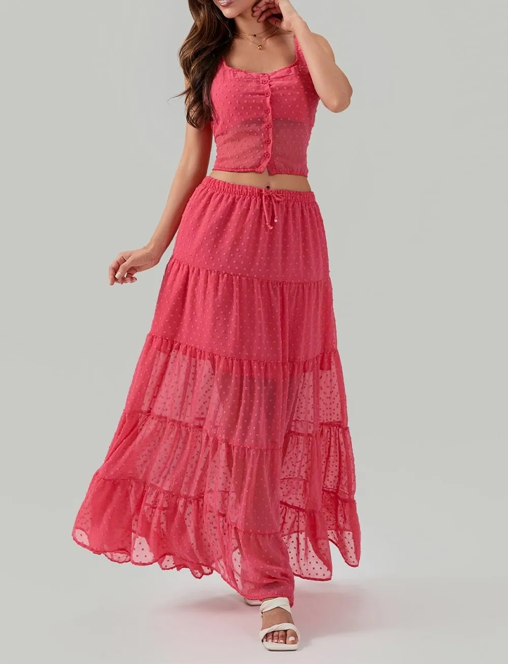 Women Y2K Ruffle 2 Piece Skirt Set Spaghetti Strap Ruched Cami Top Tiered Flowy Long Skirt Boho Beach Outfits