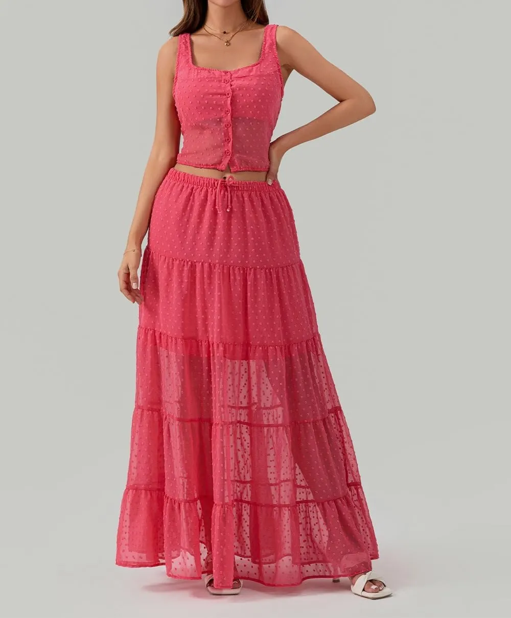 Women Y2K Ruffle 2 Piece Skirt Set Spaghetti Strap Ruched Cami Top Tiered Flowy Long Skirt Boho Beach Outfits