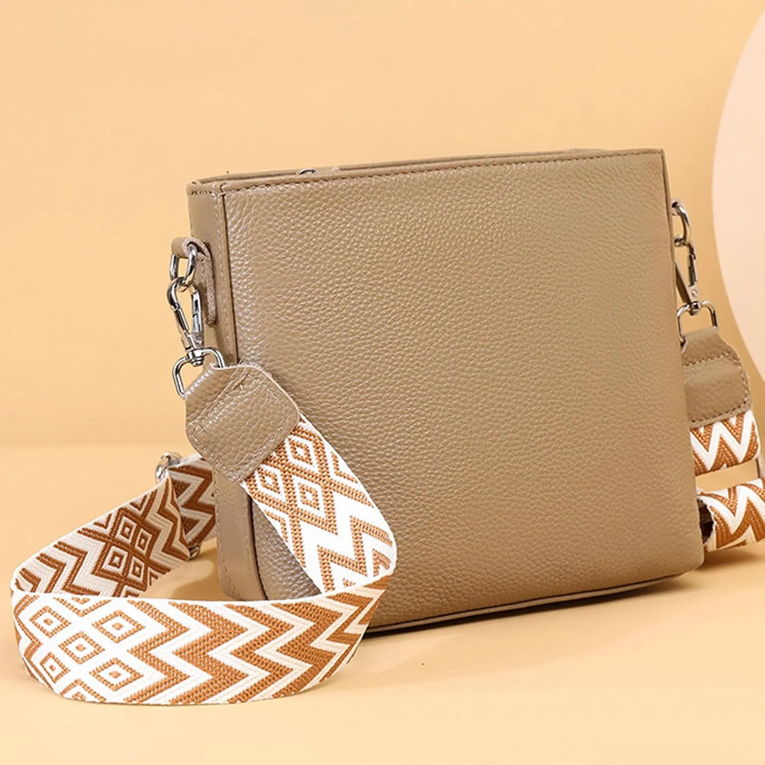 Women's Bag Wide Shoulder Strap Textured Soft Leather Crossbody Bag over The Shoulder Bags for Women (Khaki, One Size)