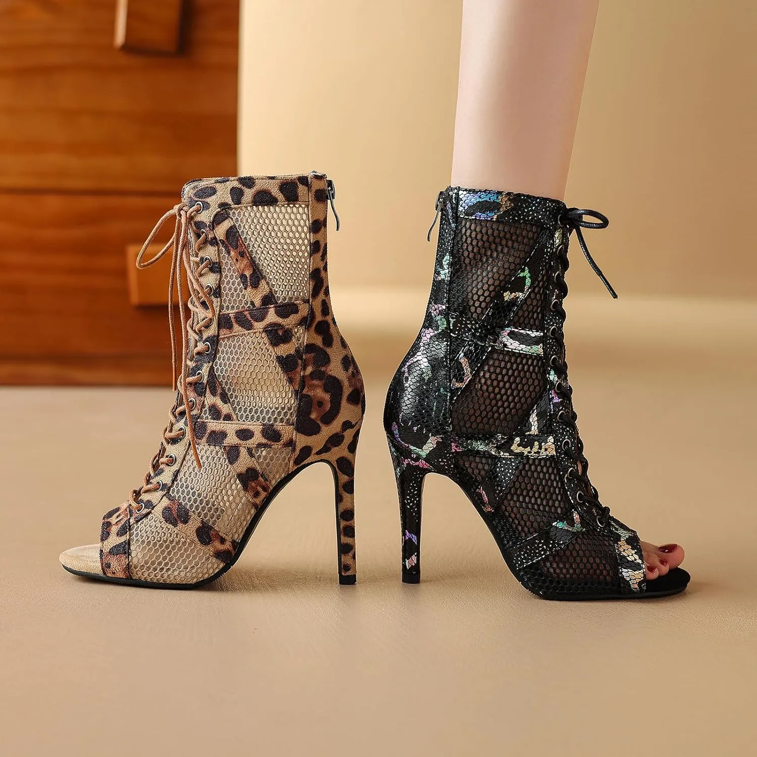 Women's Ballroom Latin Salsa Dancing Shoes Open-Toe Sexy Ankle Dance Heels Boots, DS-K100NEW