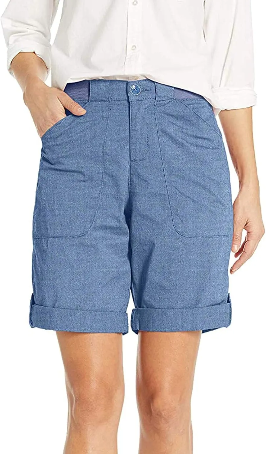 Women's Bermuda Shorts Casual High Waist Shorts Relaxed Fit Summer Pleated Cargo Button Shorts with Pockets