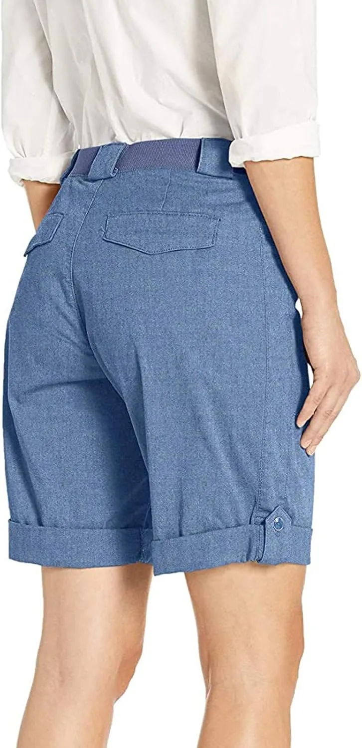 Women's Bermuda Shorts Casual High Waist Shorts Relaxed Fit Summer Pleated Cargo Button Shorts with Pockets
