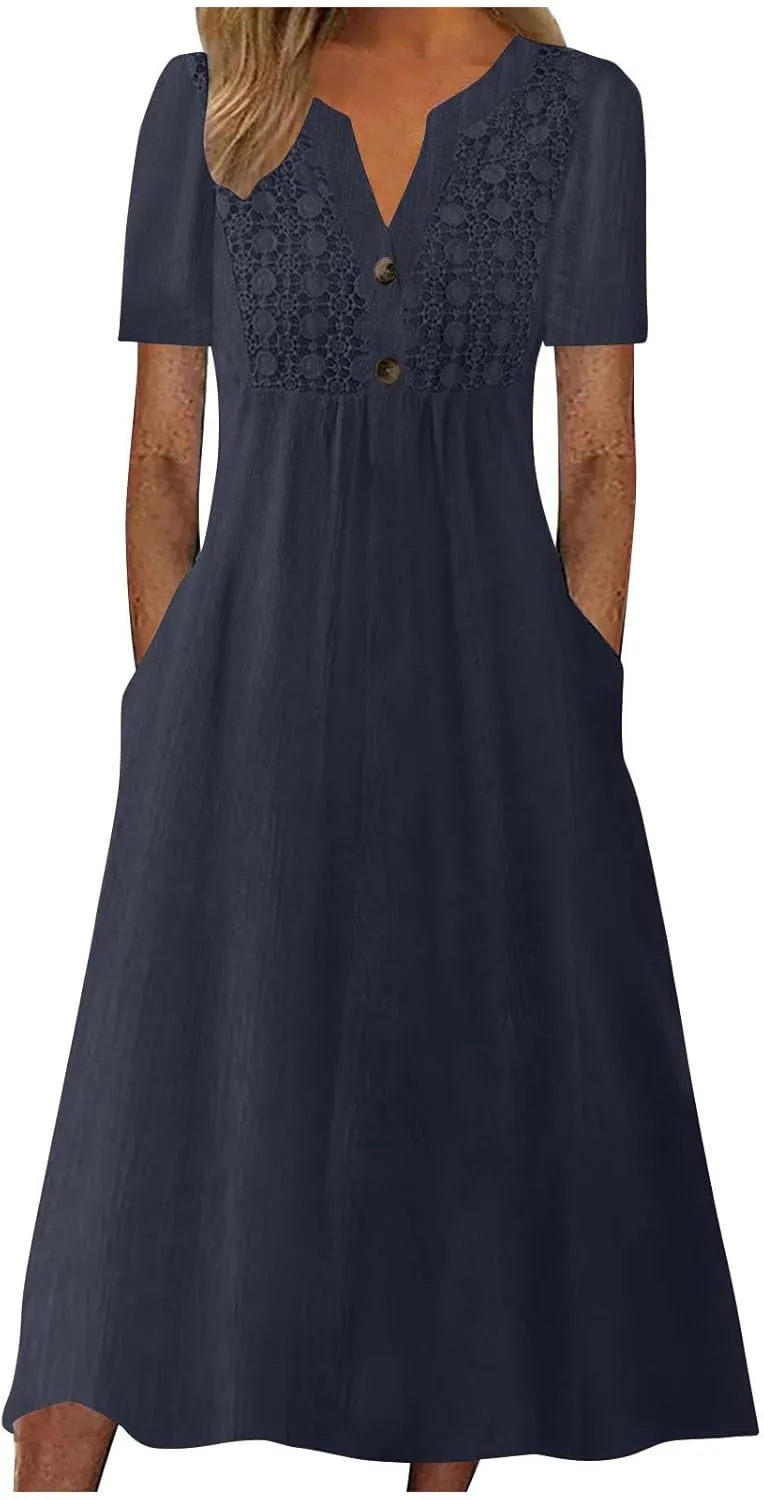 Women's Boho Floral Flowy A Line Midi Dress Casual Loose Summer Short Sleeve Beach Vacation Dresses with Pockets, Medium, Zc-navy
