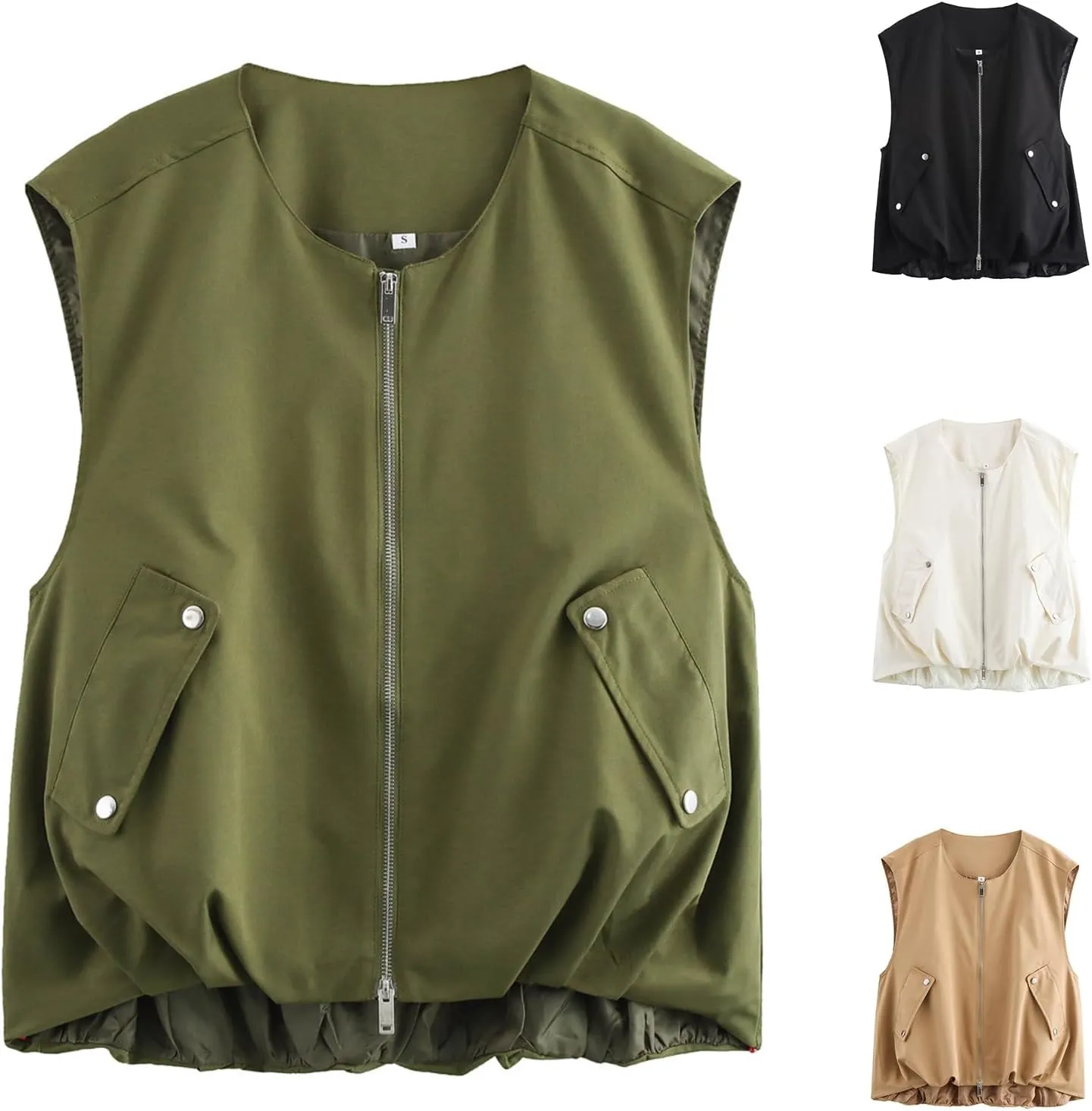 Women's Cargo Vests Casual Zip Up Sleeveless Jackets Oversized Ruched Hem Blazer Jackets Military Tops with Pockets