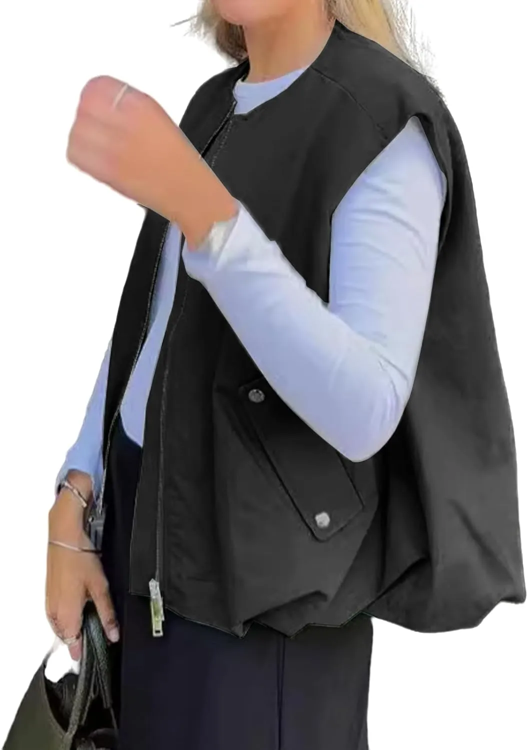 Women's Cargo Vests Casual Zip Up Sleeveless Jackets Oversized Ruched Hem Blazer Jackets Military Tops with Pockets