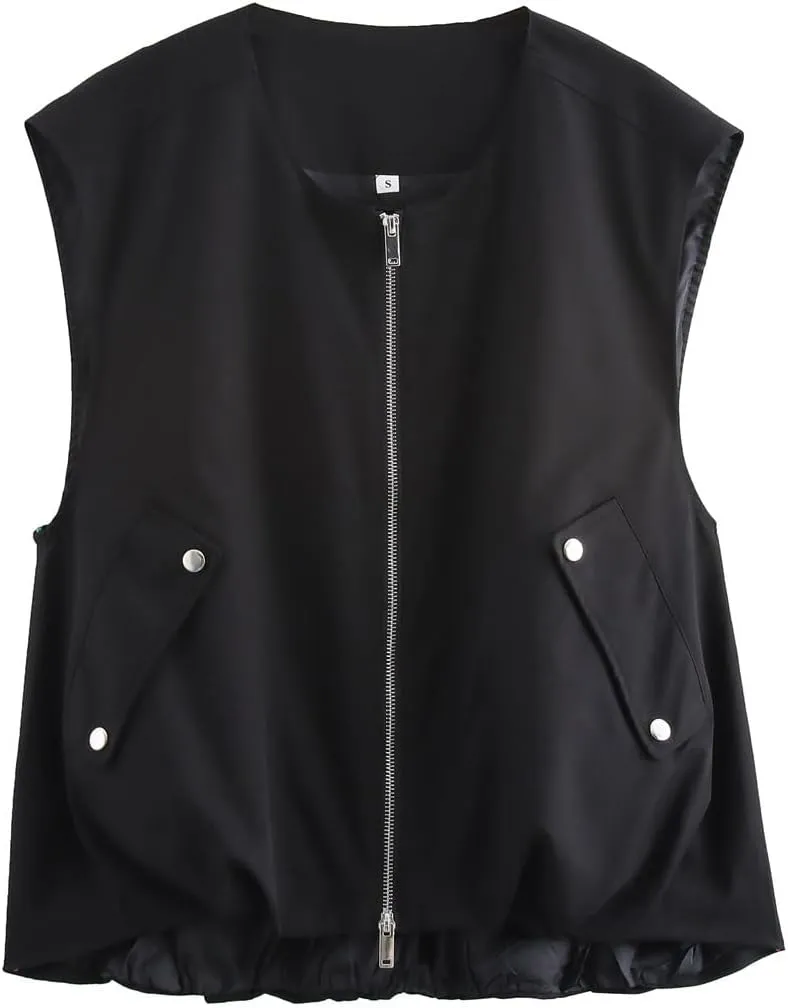 Women's Cargo Vests Casual Zip Up Sleeveless Jackets Oversized Ruched Hem Blazer Jackets Military Tops with Pockets