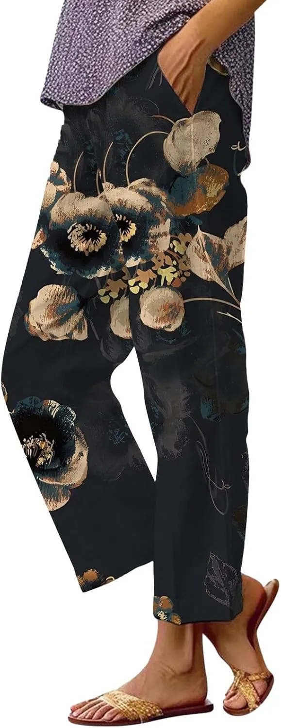 Womens Casual Pants Linen Slacks Lightweight Elastic Waist Trousers Cotton Linen Pants Summer 2025
