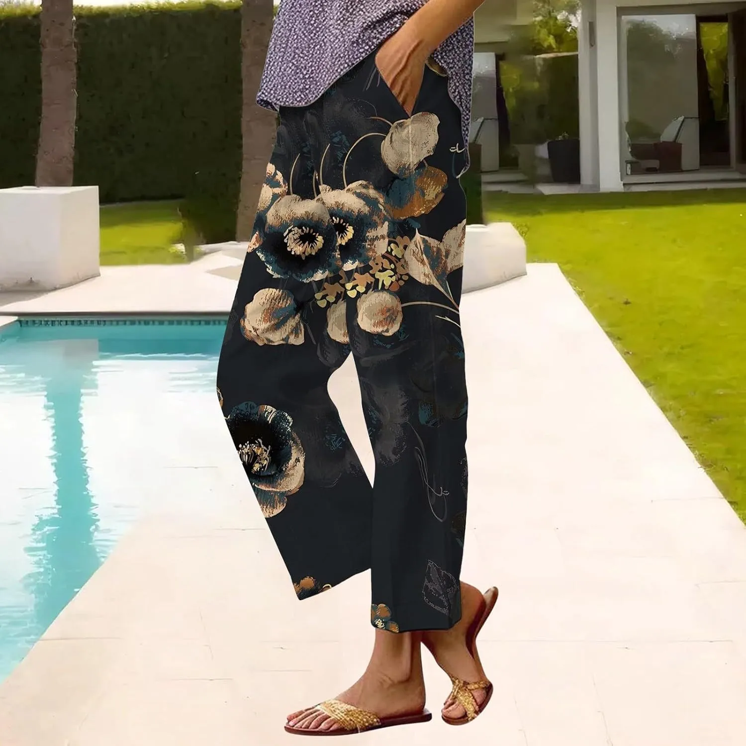 Womens Casual Pants Linen Slacks Lightweight Elastic Waist Trousers Cotton Linen Pants Summer 2025