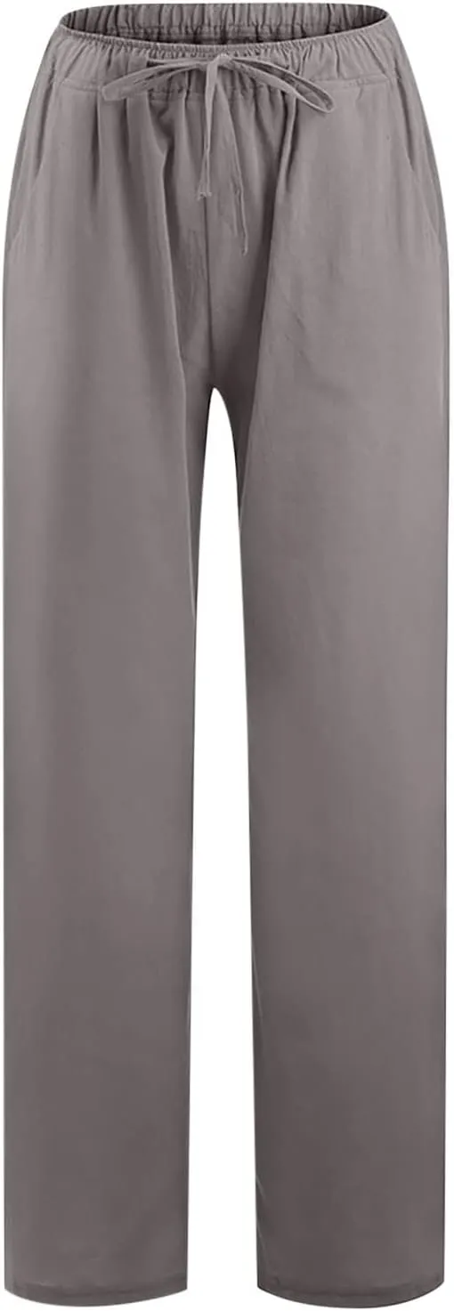 Women's Cotton Linen Pants Casual Wide Leg Palazzo Pants Lounge Trousers with Pockets Drawstring Waist Slacks
