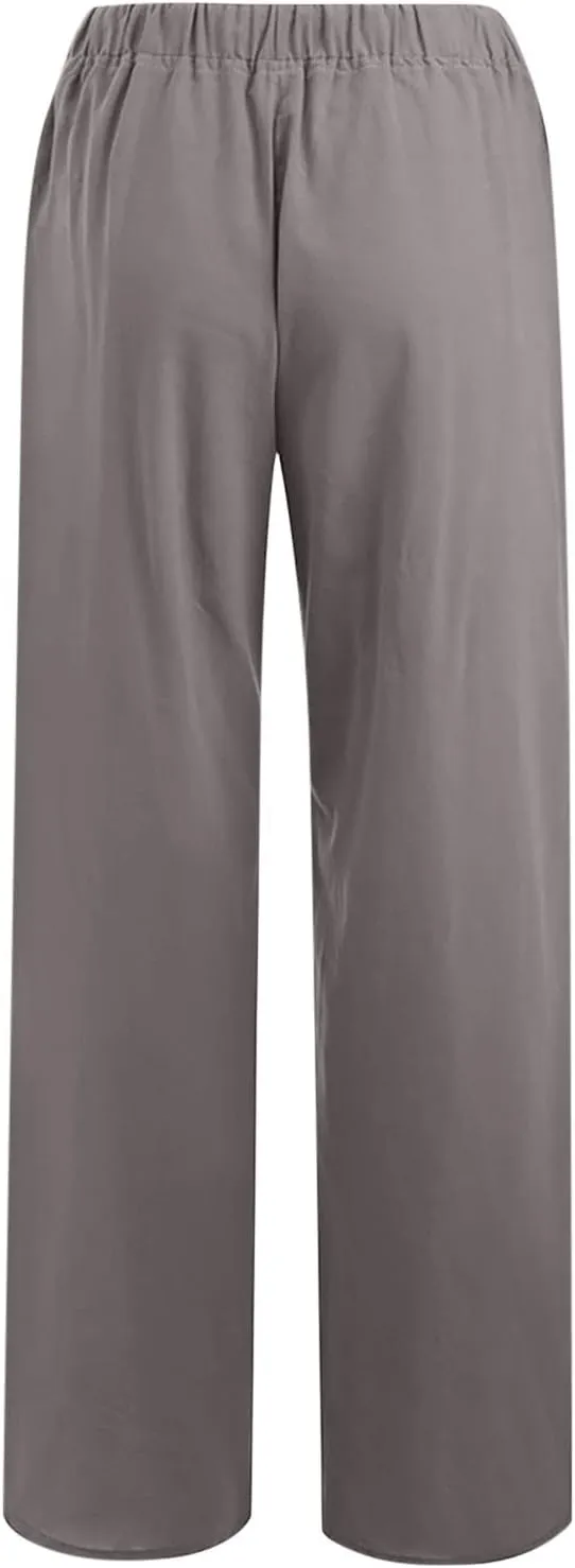 Women's Cotton Linen Pants Casual Wide Leg Palazzo Pants Lounge Trousers with Pockets Drawstring Waist Slacks