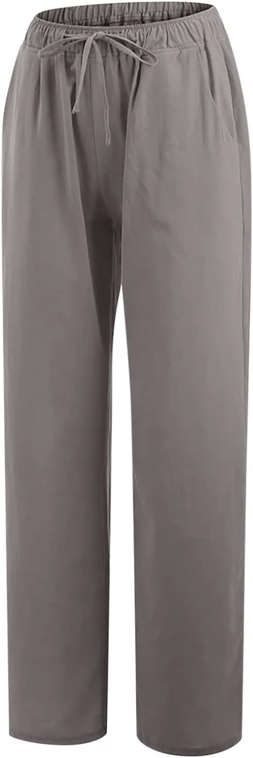 Women's Cotton Linen Pants Casual Wide Leg Palazzo Pants Lounge Trousers with Pockets Drawstring Waist Slacks