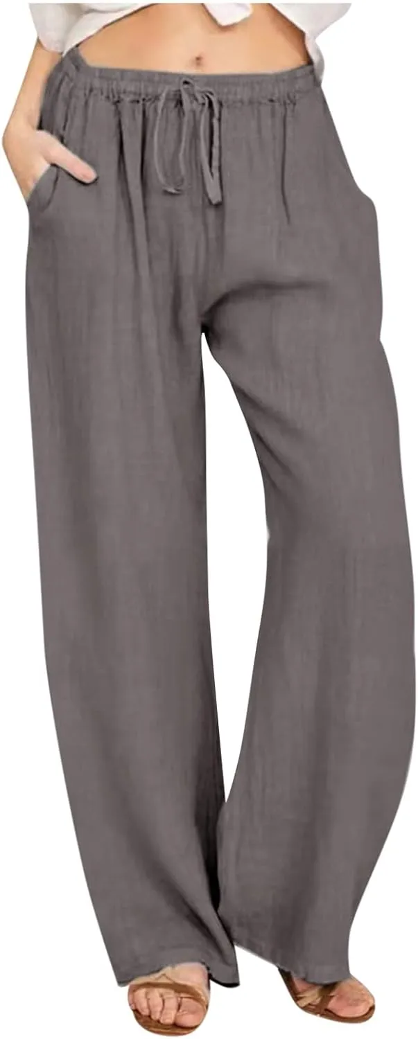 Women's Cotton Linen Pants Casual Wide Leg Palazzo Pants Lounge Trousers with Pockets Drawstring Waist Slacks