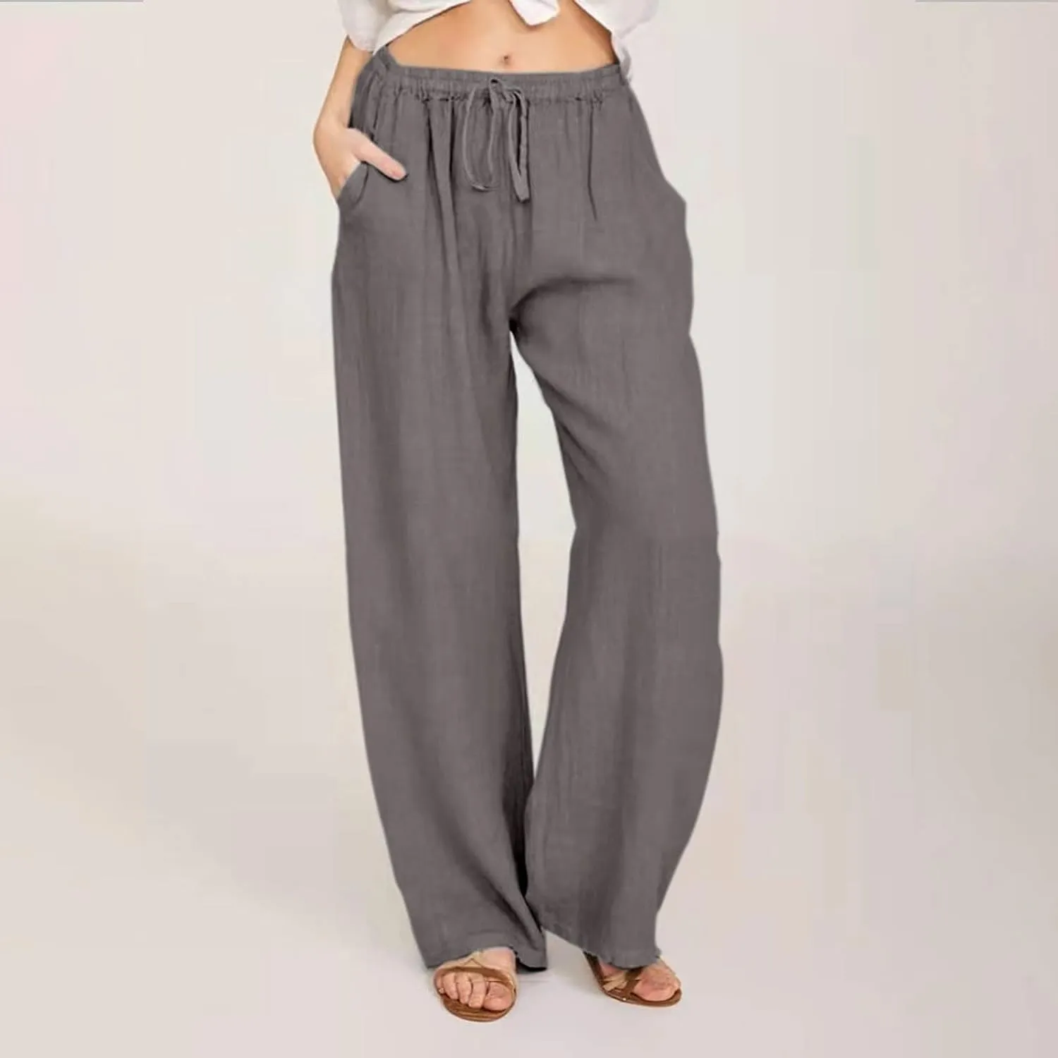 Women's Cotton Linen Pants Casual Wide Leg Palazzo Pants Lounge Trousers with Pockets Drawstring Waist Slacks