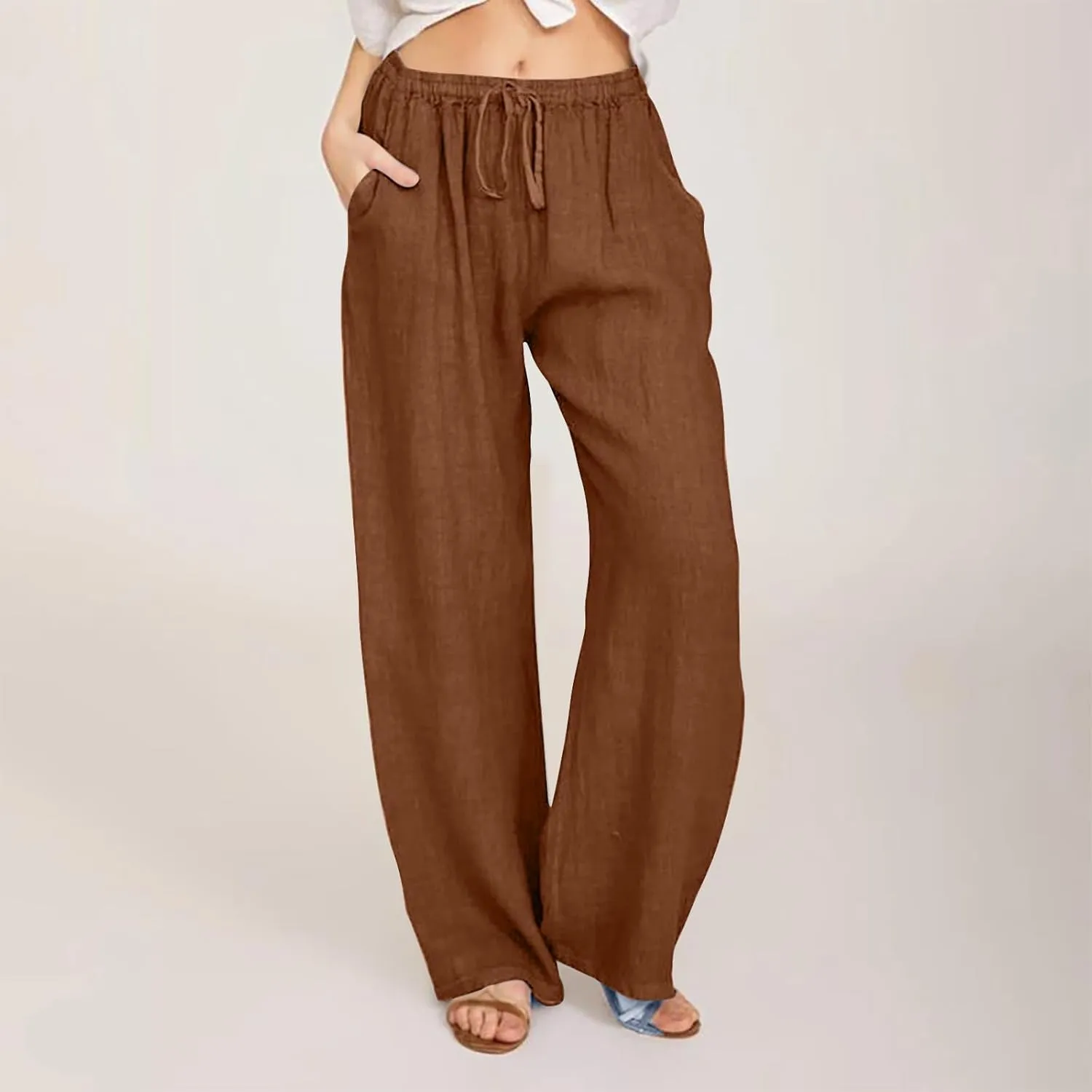 Women's Cotton Linen Pants,Spring Summer Wide Leg Casual Loose Drawstring High Waist Palazzo Pants with Pockets