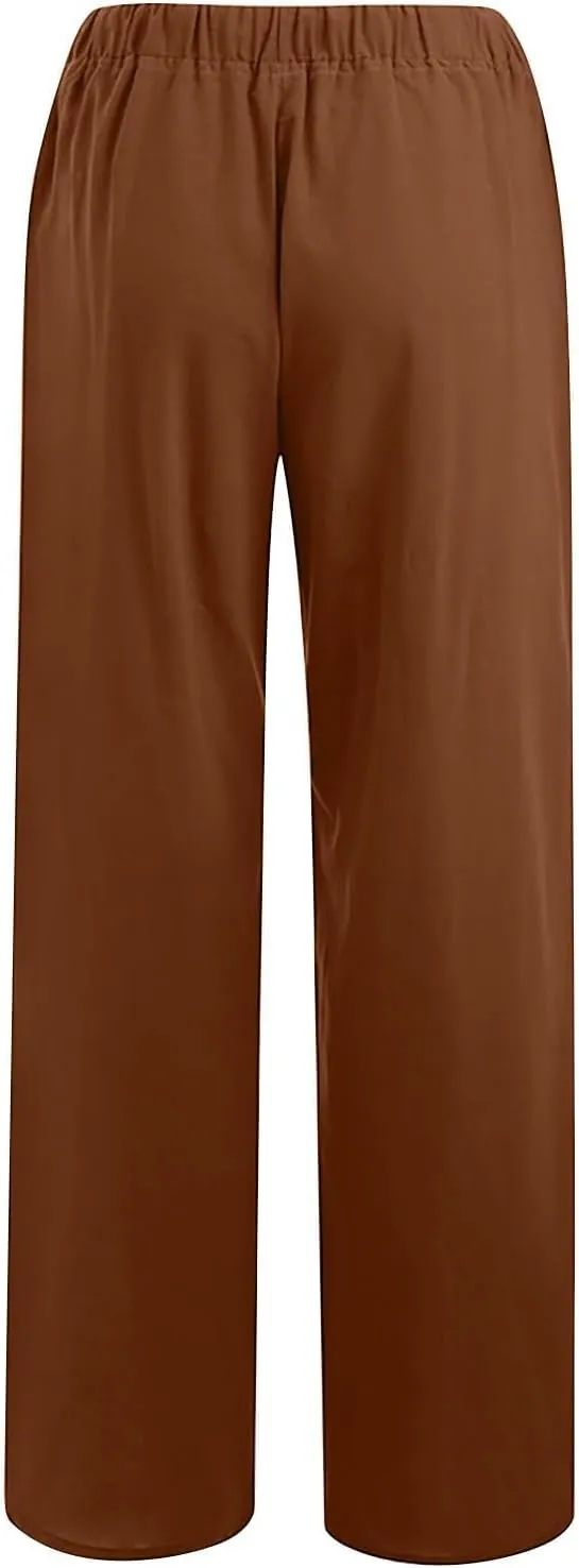 Women's Cotton Linen Pants,Spring Summer Wide Leg Casual Loose Drawstring High Waist Palazzo Pants with Pockets