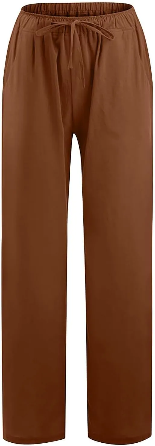 Women's Cotton Linen Pants,Spring Summer Wide Leg Casual Loose Drawstring High Waist Palazzo Pants with Pockets