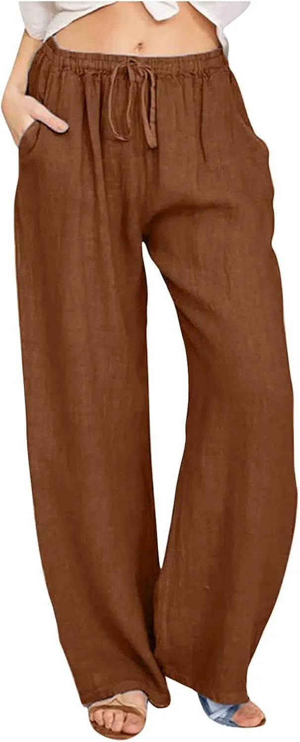 Women's Cotton Linen Pants,Spring Summer Wide Leg Casual Loose Drawstring High Waist Palazzo Pants with Pockets
