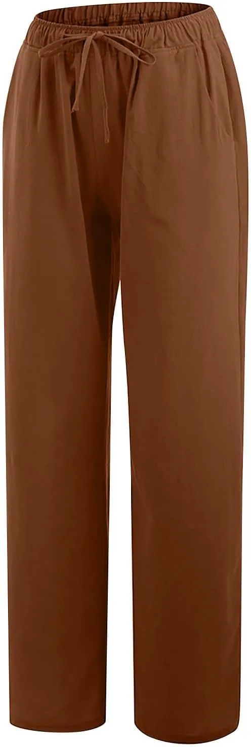 Women's Cotton Linen Pants,Spring Summer Wide Leg Casual Loose Drawstring High Waist Palazzo Pants with Pockets