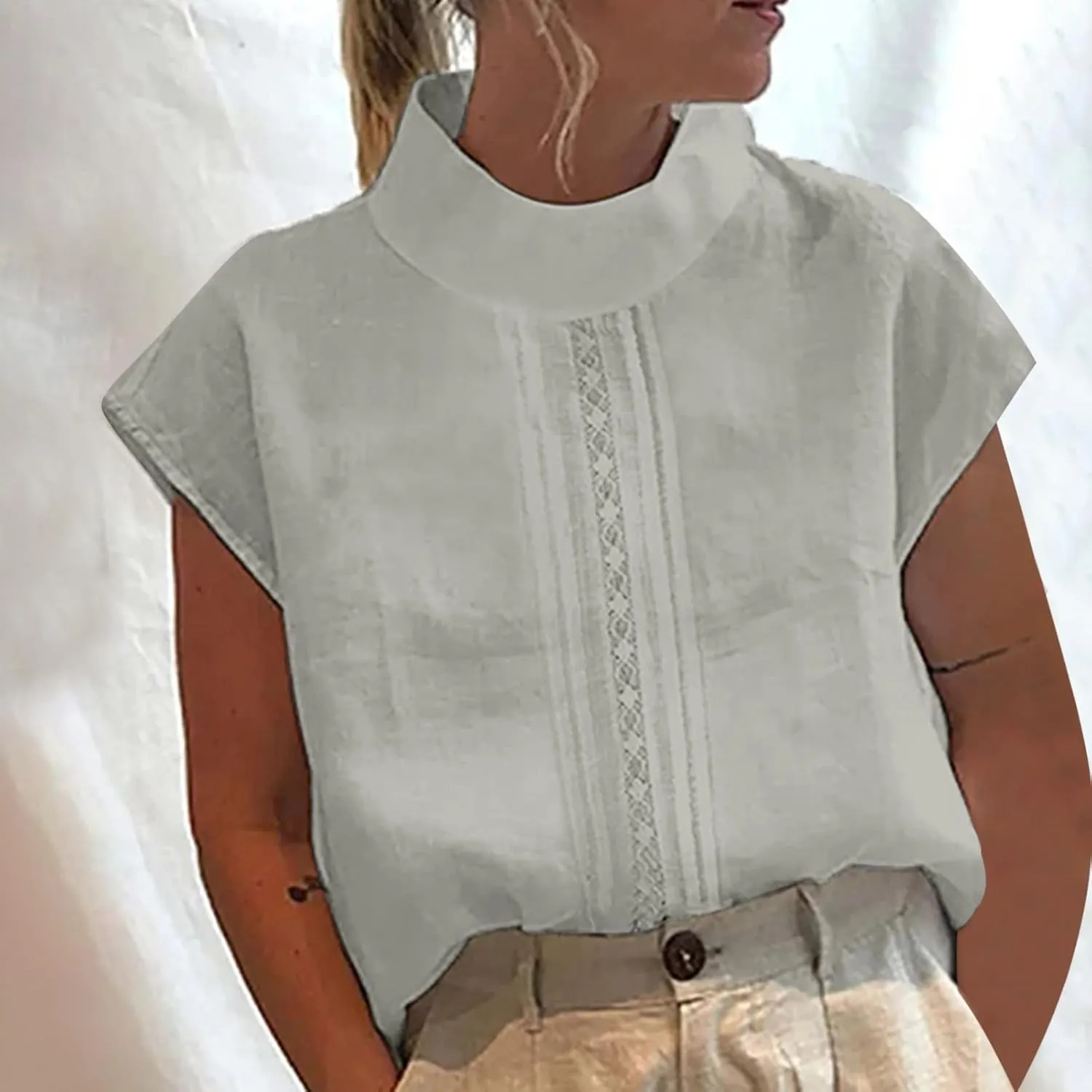 Womens Cotton Linen Tshirts Fashion Slim Fit High Neck Cap Sleeve Lace Shirt 2025 Summer Casual Sexy Blouse Tops