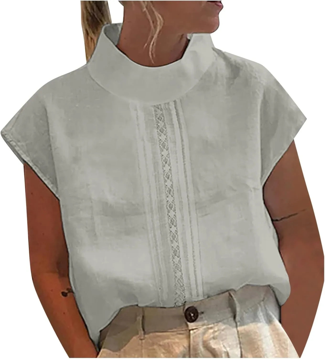 Womens Cotton Linen Tshirts Fashion Slim Fit High Neck Cap Sleeve Lace Shirt 2025 Summer Casual Sexy Blouse Tops