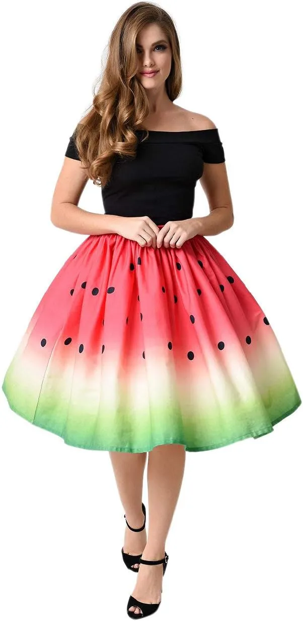 Women's Digital Print High Waisted A-Line Pleated Vintage Midi Skirts