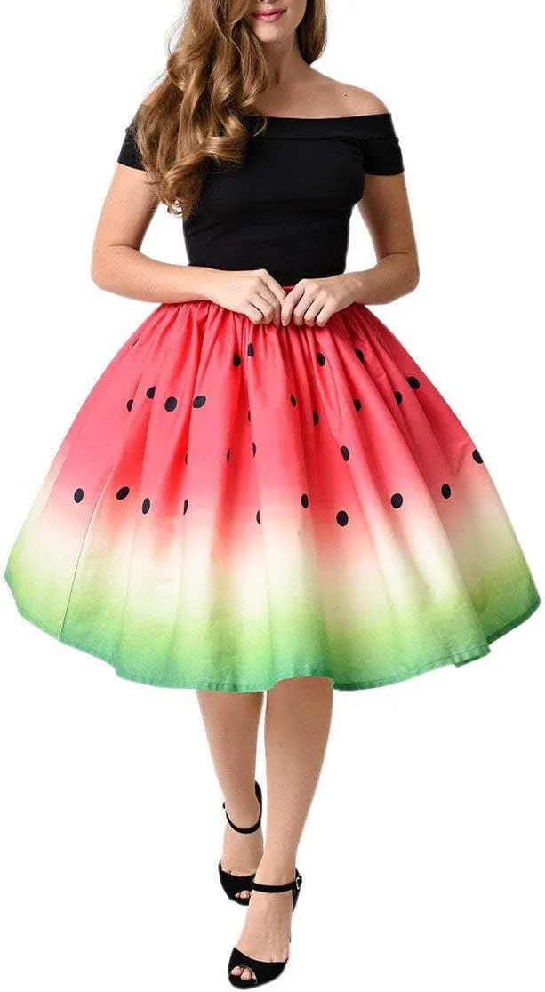 Women's Digital Print High Waisted A-Line Pleated Vintage Midi Skirts