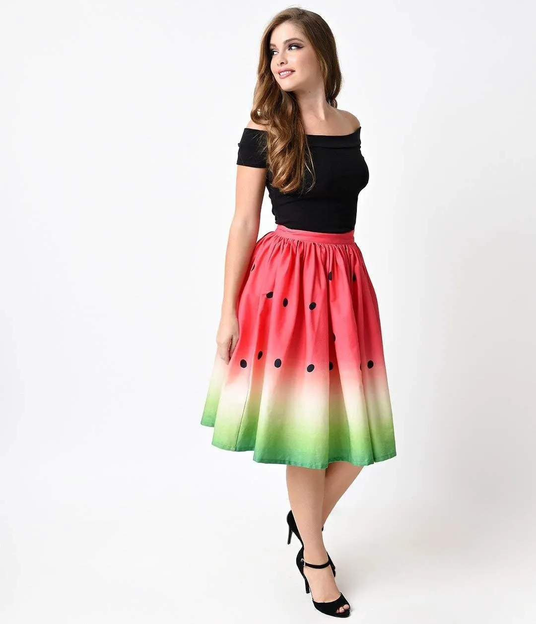 Women's Digital Print High Waisted A-Line Pleated Vintage Midi Skirts