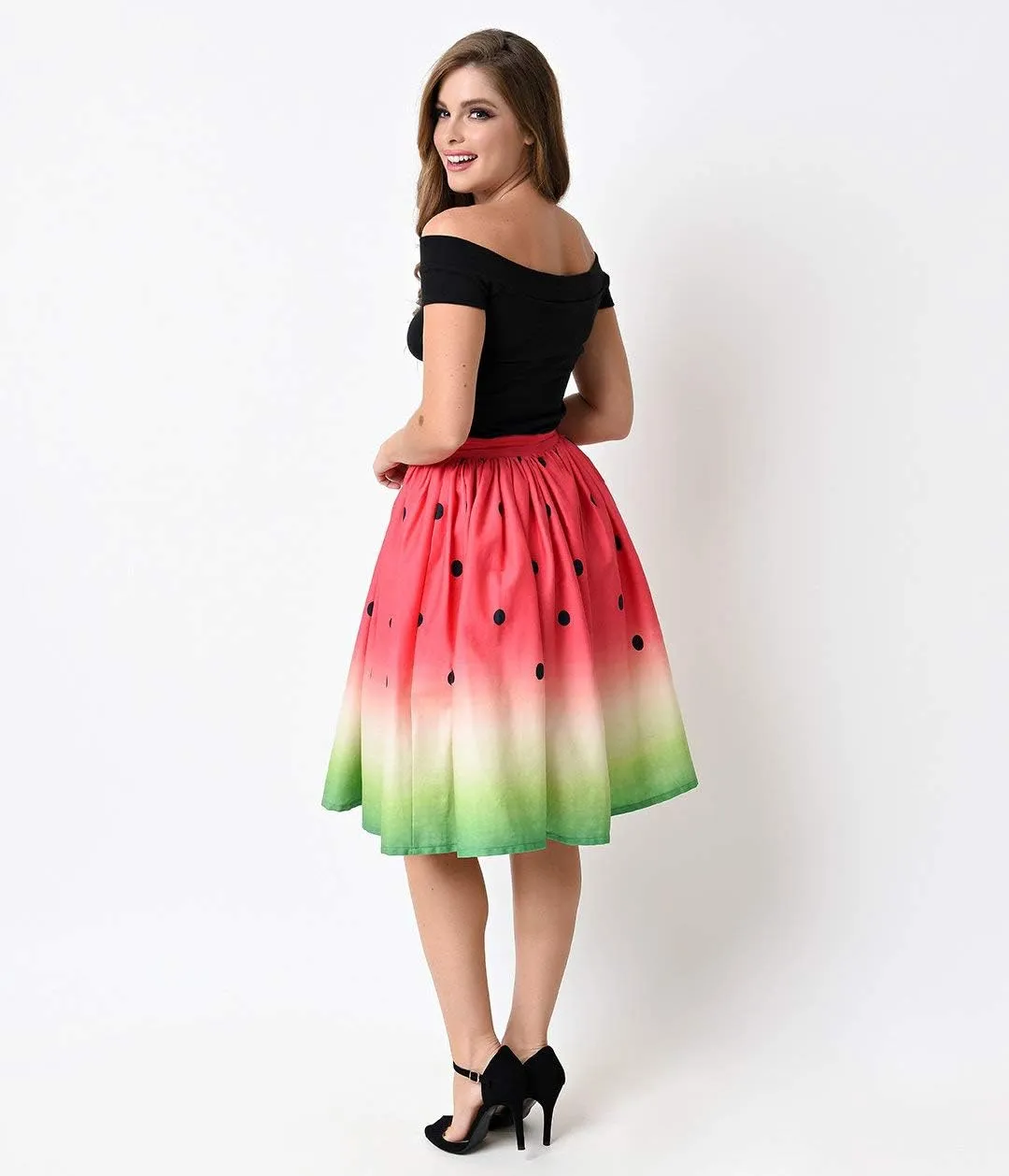 Women's Digital Print High Waisted A-Line Pleated Vintage Midi Skirts