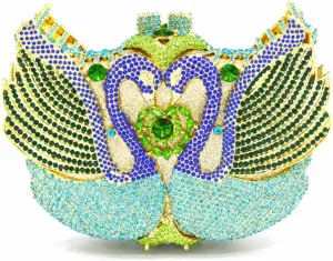 Women's Double Swan Evening Clutches Purse Shiny Crystal Chain Shoulder Bags