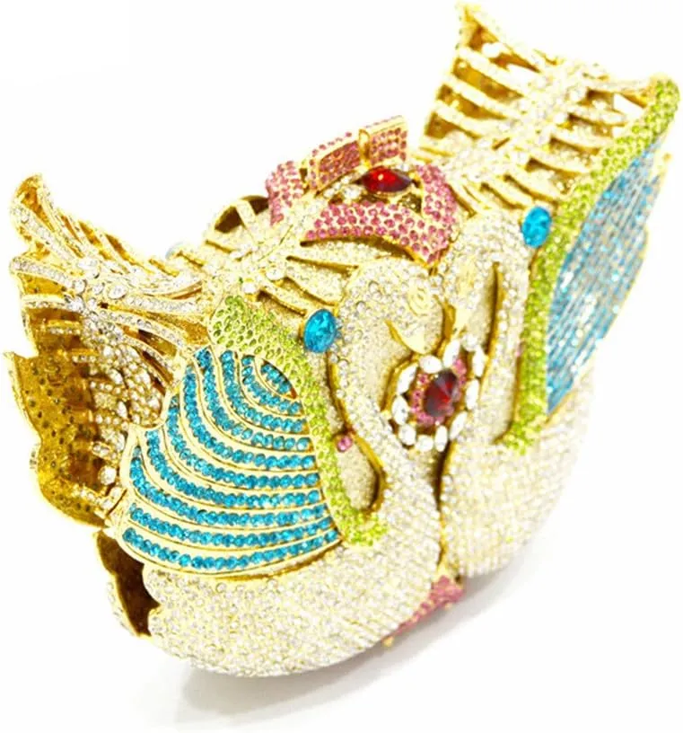 Women's Double Swan Evening Clutches Purse Shiny Crystal Chain Shoulder Bags