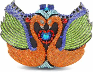 Women's Double Swan Evening Clutches Purse Shiny Crystal Chain Shoulder Bags