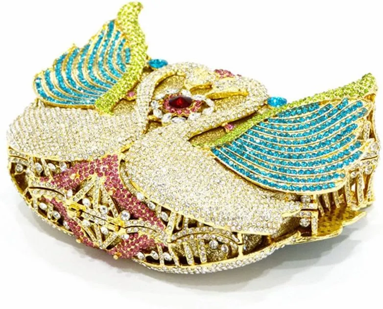 Women's Double Swan Evening Clutches Purse Shiny Crystal Chain Shoulder Bags