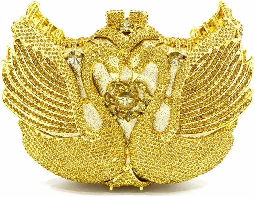 Women's Double Swan Evening Clutches Purse Shiny Crystal Chain Shoulder Bags