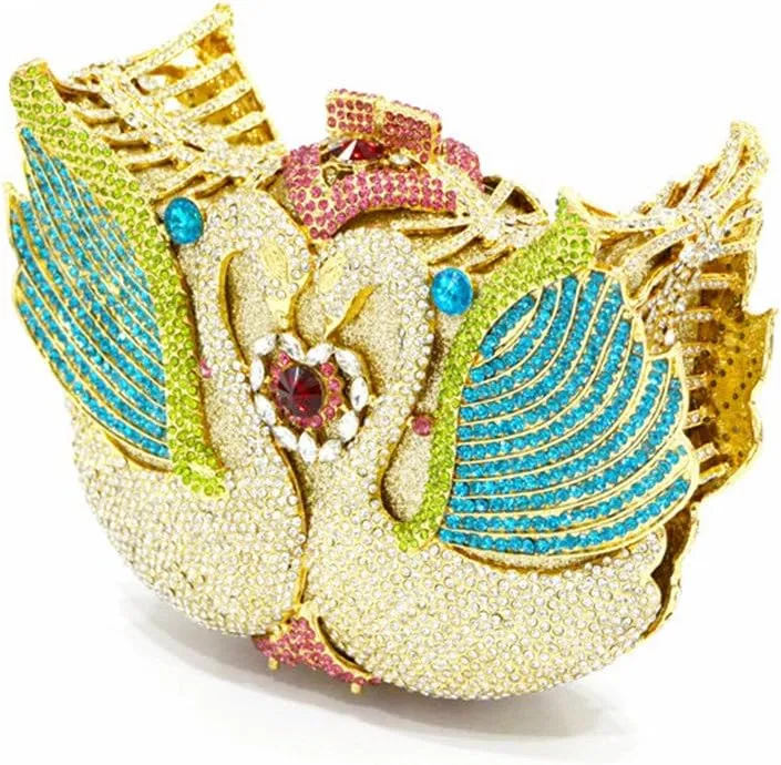 Women's Double Swan Evening Clutches Purse Shiny Crystal Chain Shoulder Bags