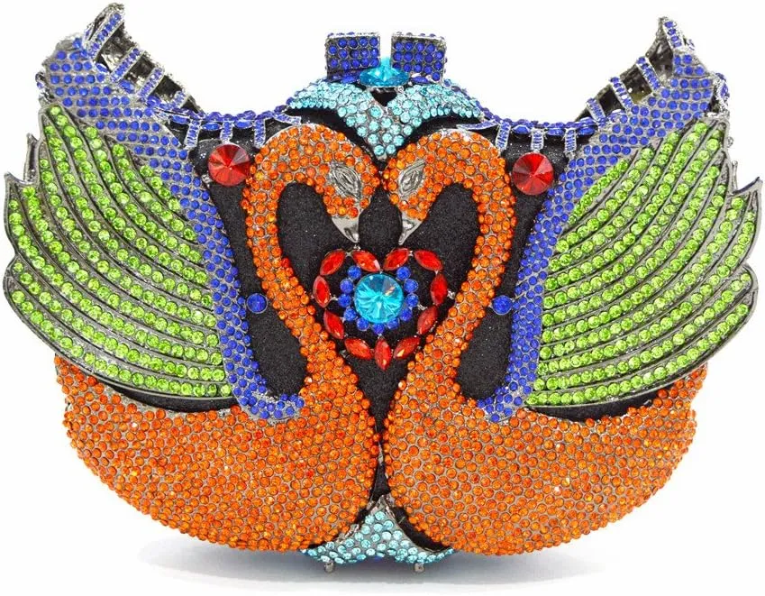 Women's Double Swan Evening Clutches Purse Shiny Crystal Chain Shoulder Bags
