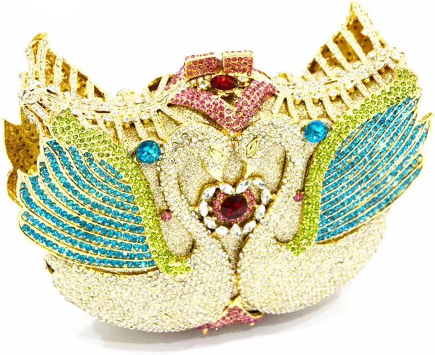Women's Double Swan Evening Clutches Purse Shiny Crystal Chain Shoulder Bags