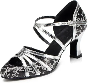 Women's Fashion Ballroom Party Glitter Latin Dance Shoes, Closed Toe Modern Tango Ballroom Dance Shoes, for Wedding Evening Party (Color : Silver 8cm, Size : 5.5)