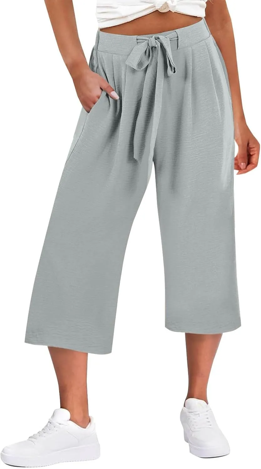 Womens Flowy Linen Pants with Pockets Casual Palazzo Trousers for Women Ladies Wide Leg Beach Loose Capris Flare Pant